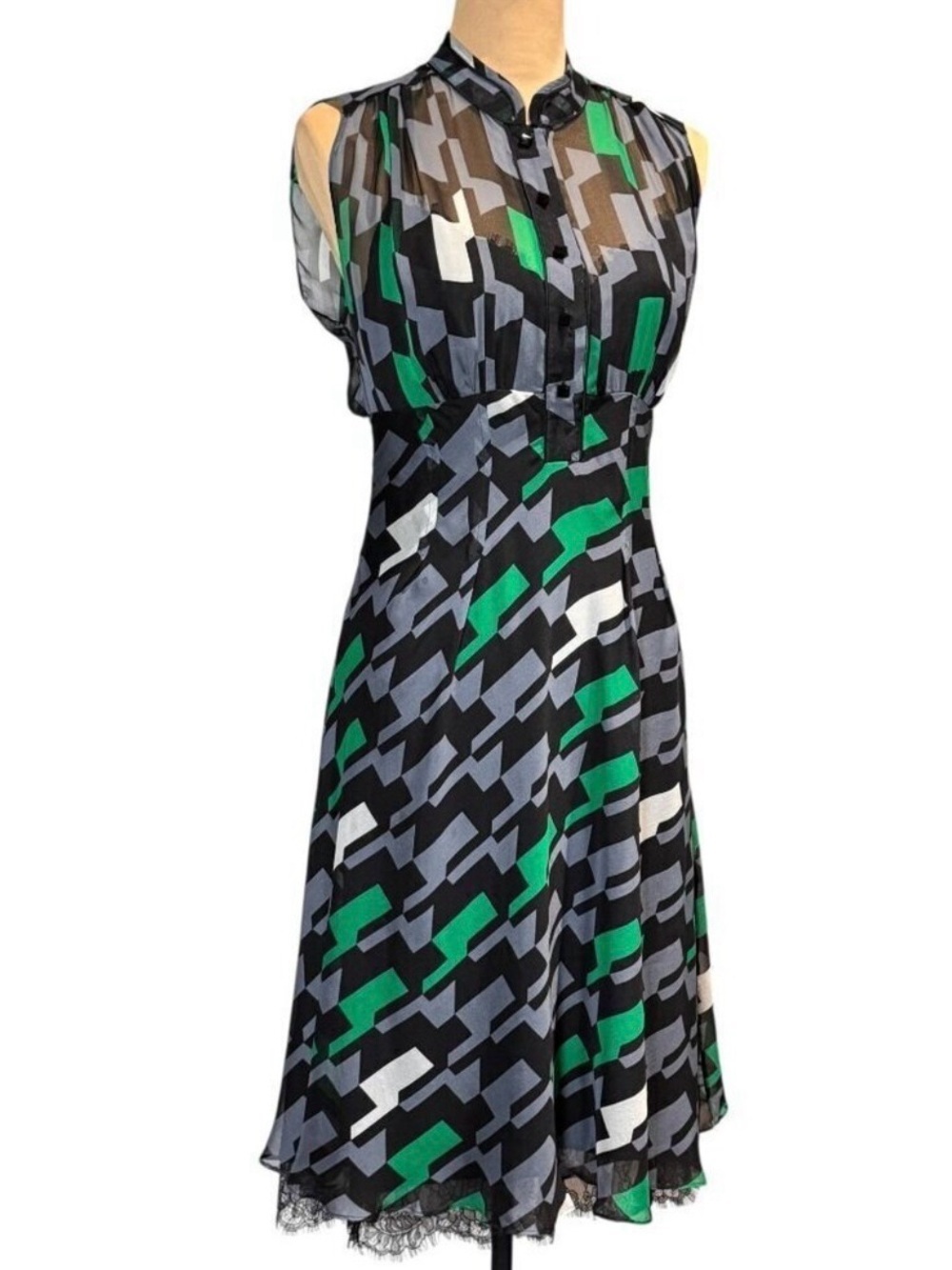 Diane Von Furstenberg Silk Midi Babydoll Dress Sz.6 Geometric Lace Coquette